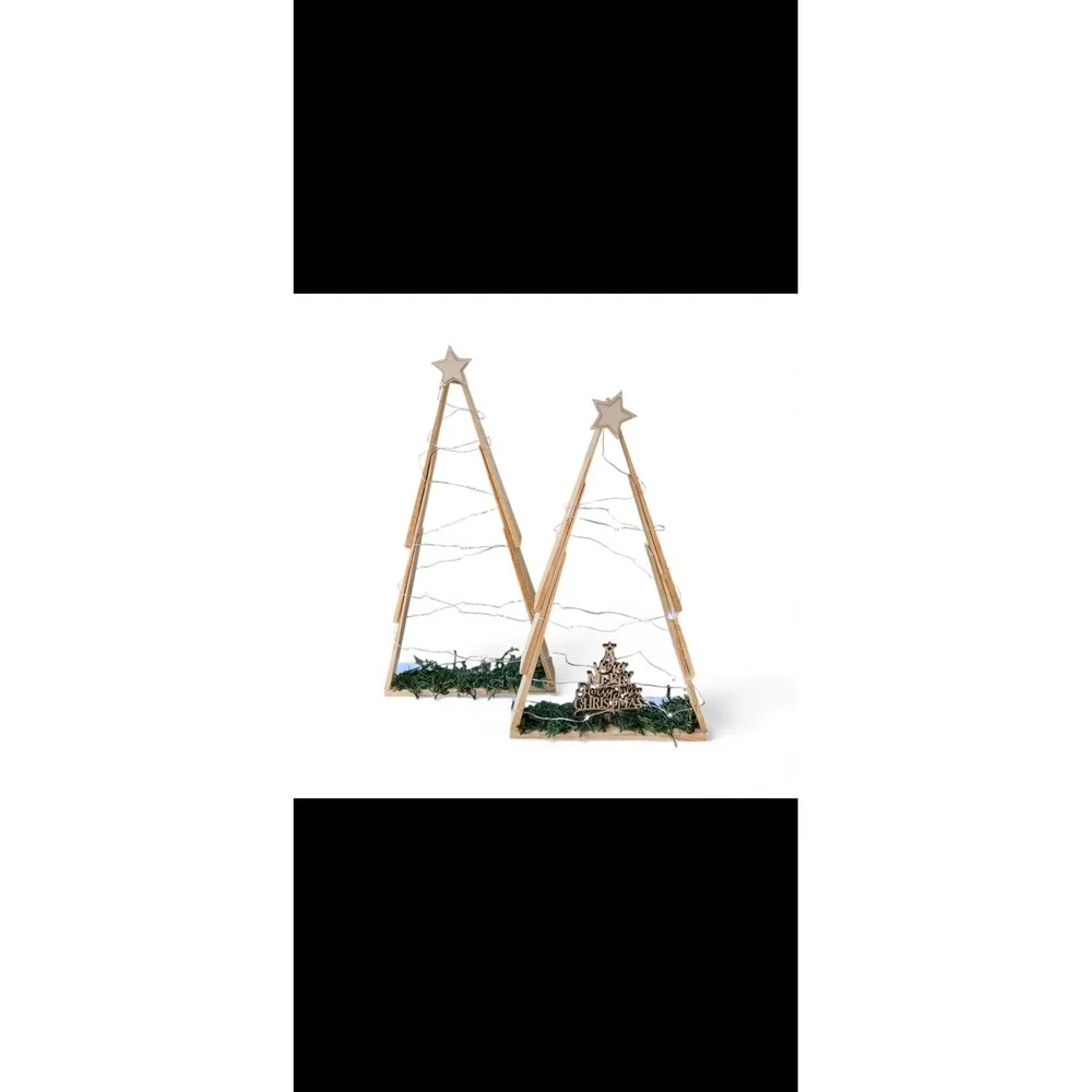 Set of‎ 3 Rustic Wooden Christmas Trees with Lights, 10, 13.5, 15 in. Heights